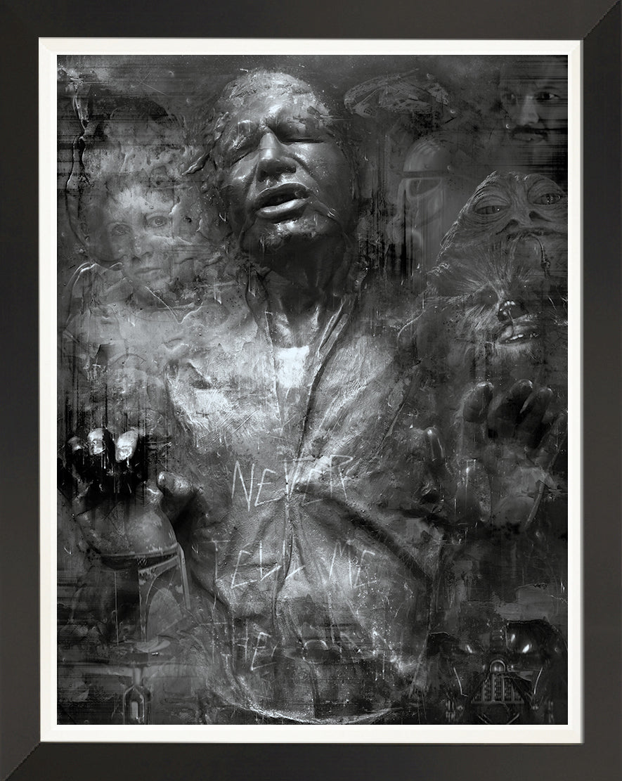 Limited edition Star Wars art print by Mark Davies, monochrome textured portrait of Han Solo in carbonite with layered characters.