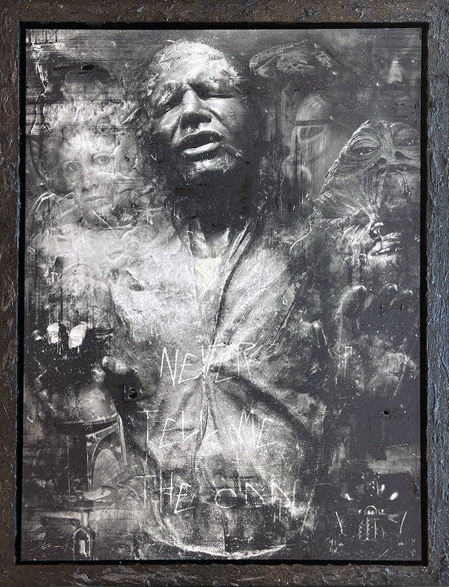 Star Wars mixed-media canvas by Mark Davies, black-and-white textured portrait of Han Solo in carbonite with layered characters and scrawled lettering
