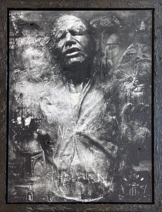 Star Wars mixed-media canvas by Mark Davies, black-and-white textured portrait of Han Solo in carbonite with layered characters and scrawled lettering
