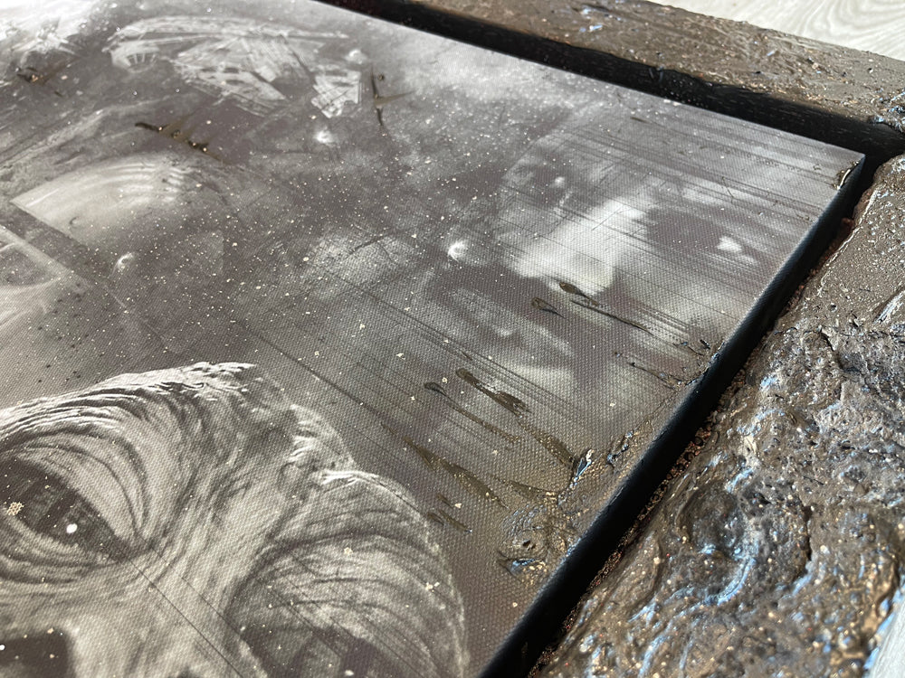 Star Wars mixed-media canvas by Mark Davies, black-and-white textured portrait of Han Solo in carbonite with layered characters and scrawled lettering