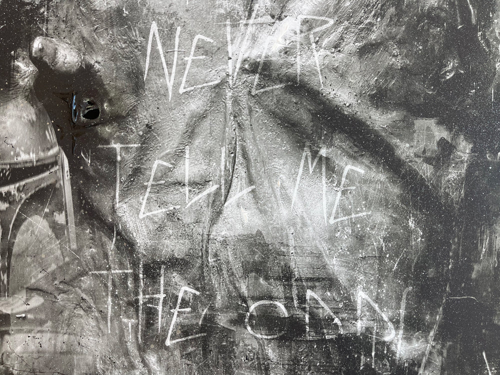 Star Wars mixed-media canvas by Mark Davies, black-and-white textured portrait of Han Solo in carbonite with layered characters and scrawled lettering