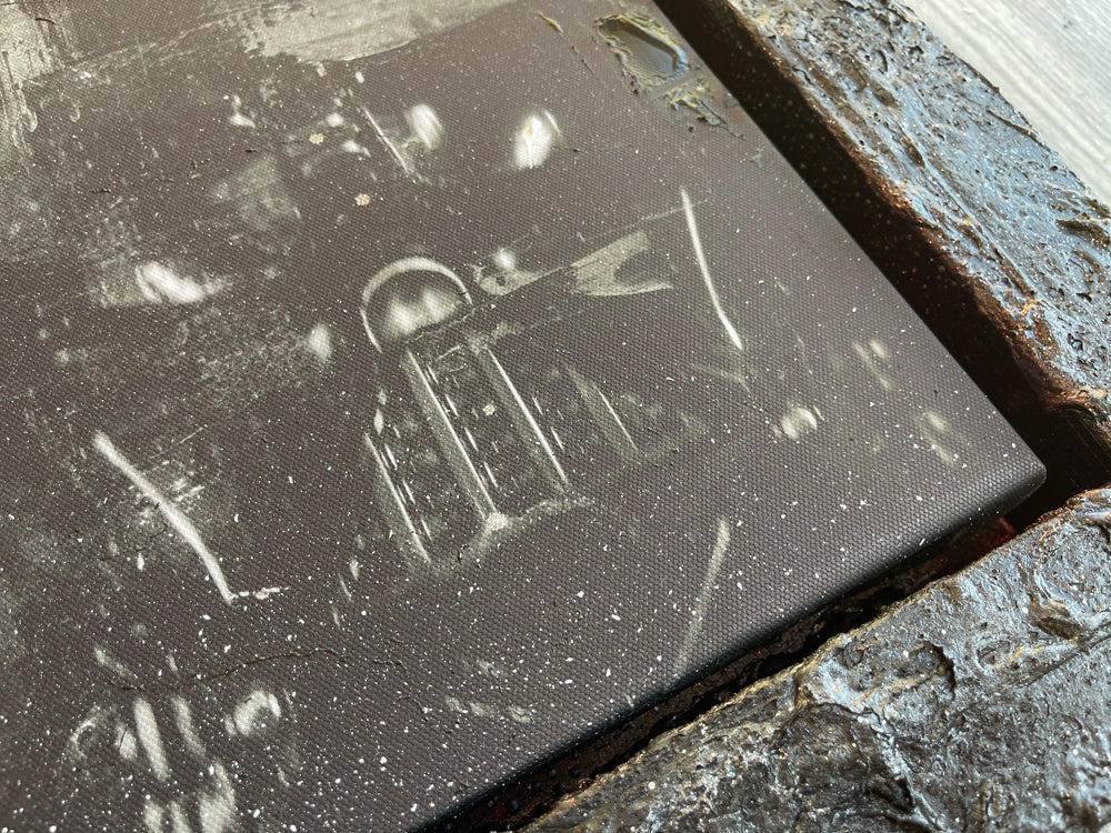 Star Wars mixed-media canvas by Mark Davies, black-and-white textured portrait of Han Solo in carbonite with layered characters and scrawled lettering