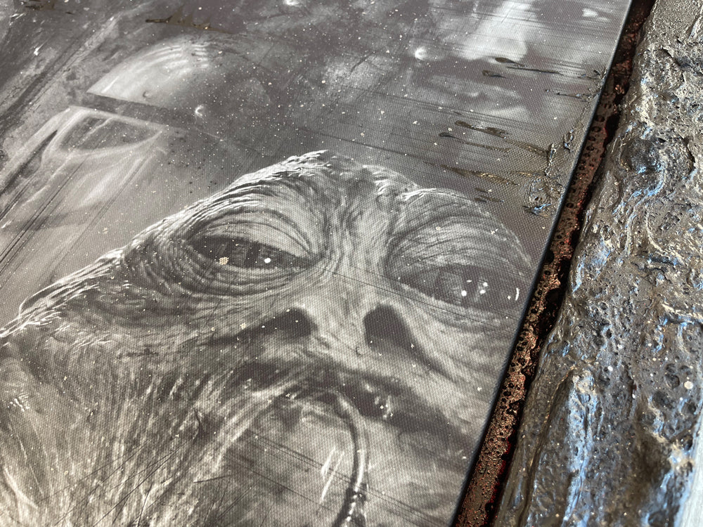 Star Wars mixed-media canvas by Mark Davies, black-and-white textured portrait of Han Solo in carbonite with layered characters and scrawled lettering