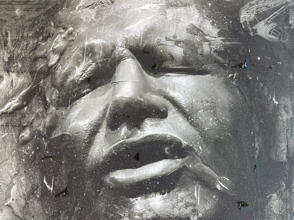 Star Wars mixed-media canvas by Mark Davies, black-and-white textured portrait of Han Solo in carbonite with layered characters and scrawled lettering