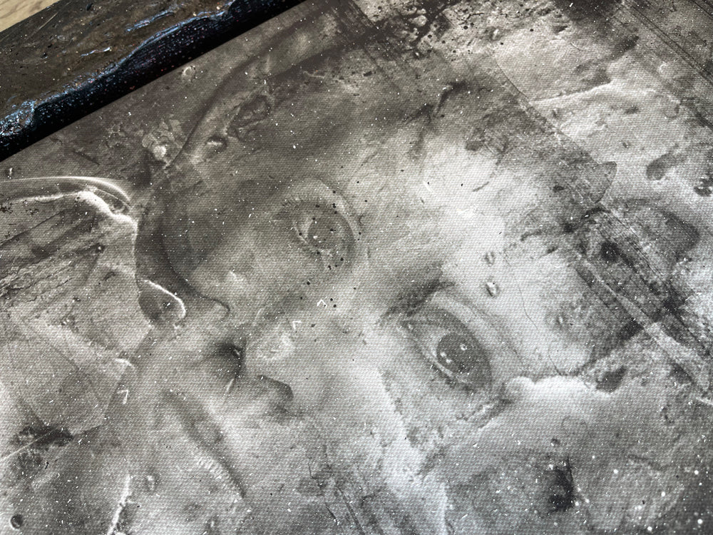 Star Wars mixed-media canvas by Mark Davies, black-and-white textured portrait of Han Solo in carbonite with layered characters and scrawled lettering