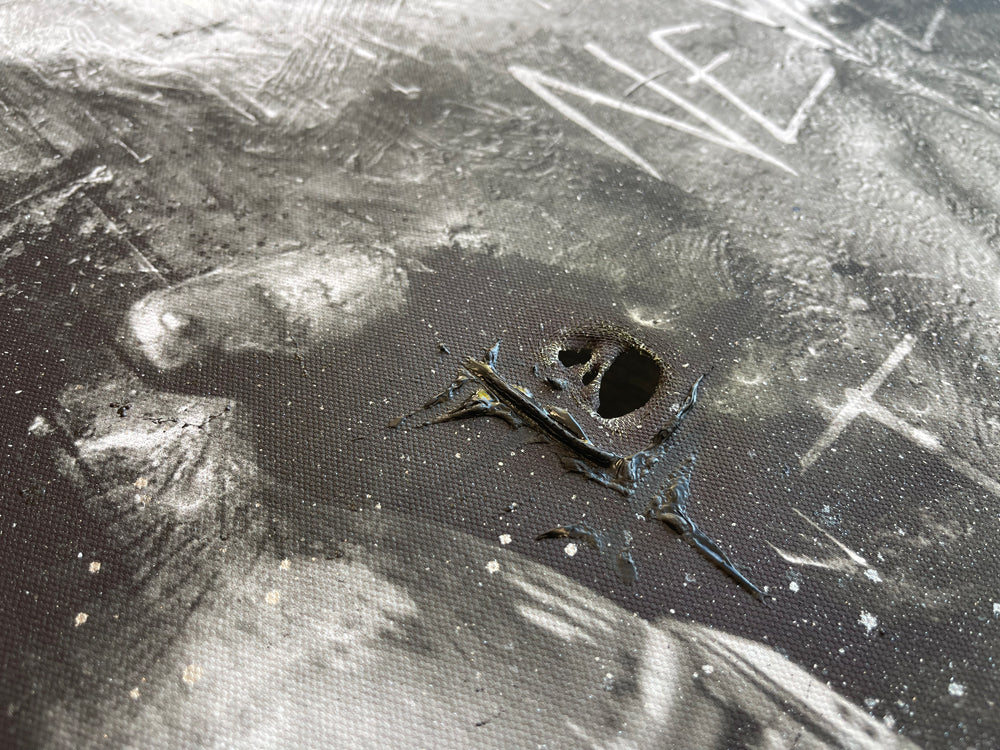 Star Wars mixed-media canvas by Mark Davies, black-and-white textured portrait of Han Solo in carbonite with layered characters and scrawled lettering