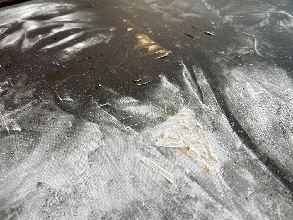 Star Wars mixed-media canvas by Mark Davies, black-and-white textured portrait of Han Solo in carbonite with layered characters and scrawled lettering