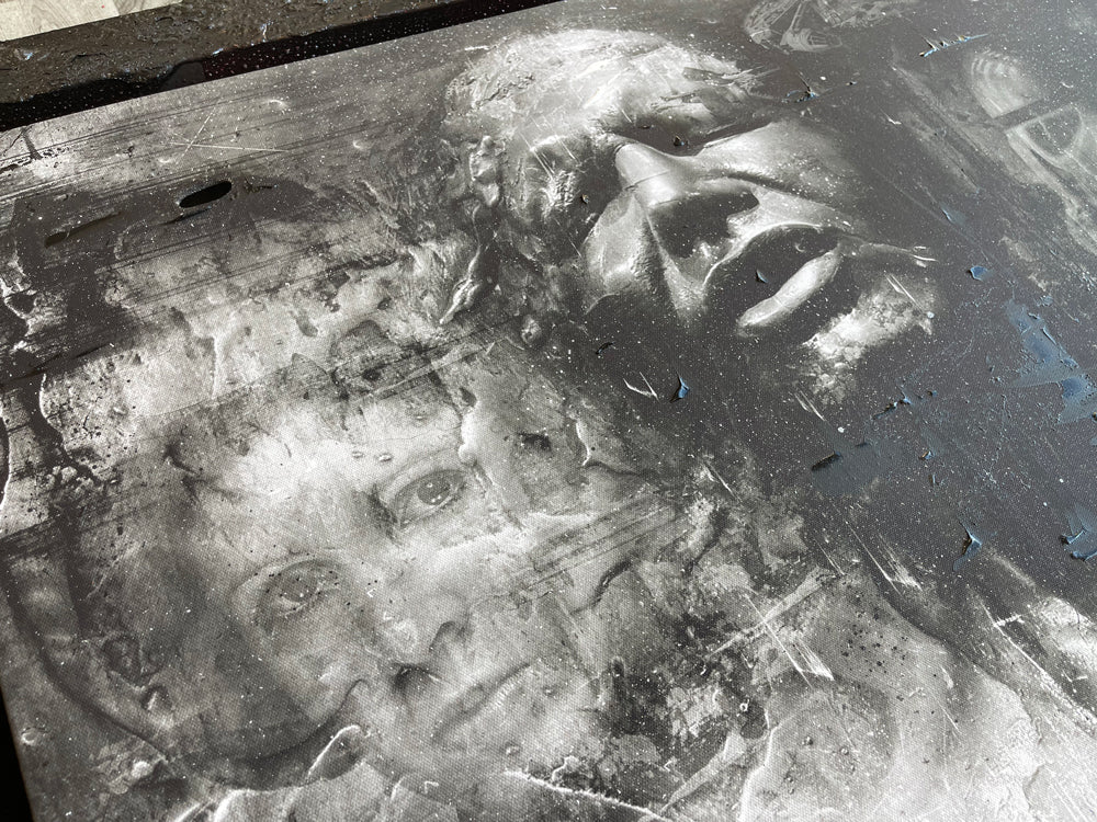 Star Wars mixed-media canvas by Mark Davies, black-and-white textured portrait of Han Solo in carbonite with layered characters and scrawled lettering