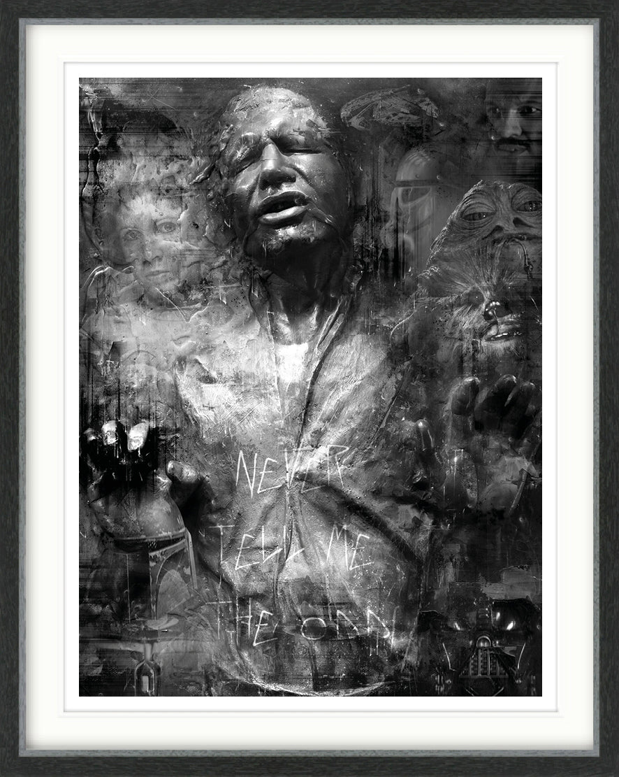 Limited edition Star Wars art print by Mark Davies, monochrome textured portrait of Han Solo in carbonite with layered characters.