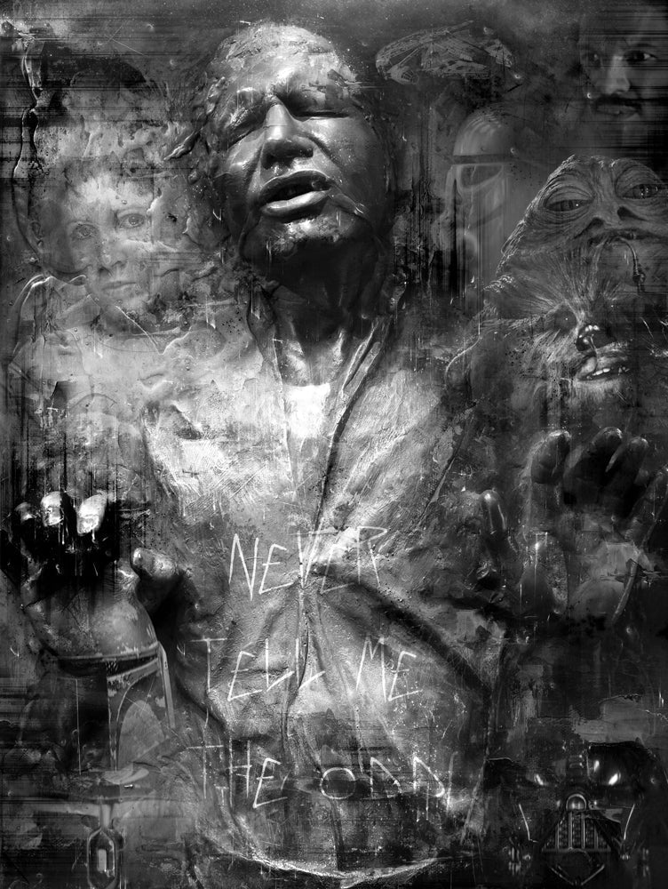 Limited edition Star Wars art print by Mark Davies, monochrome textured portrait of Han Solo in carbonite with layered characters.