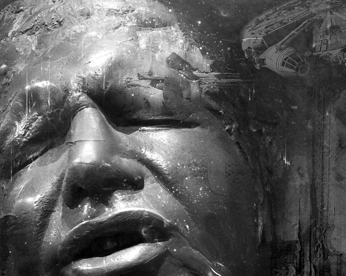 Limited edition Star Wars art print by Mark Davies, monochrome textured portrait of Han Solo in carbonite with layered characters.
