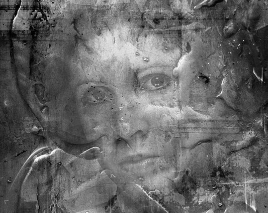 Limited edition Star Wars art print by Mark Davies, monochrome textured portrait of Han Solo in carbonite with layered characters.