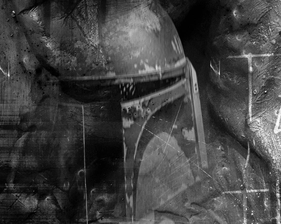Limited edition Star Wars art print by Mark Davies, monochrome textured portrait of Han Solo in carbonite with layered characters.