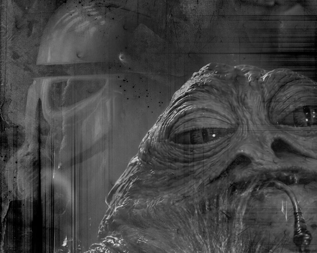 Limited edition Star Wars art print by Mark Davies, monochrome textured portrait of Han Solo in carbonite with layered characters.