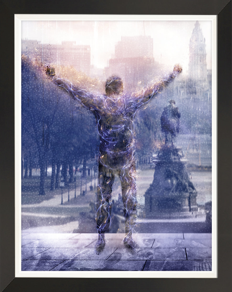Limited edition print by Mark Davies depicting a boxer with raised arms in layered blue and violet abstract strokes and warm highlights.
