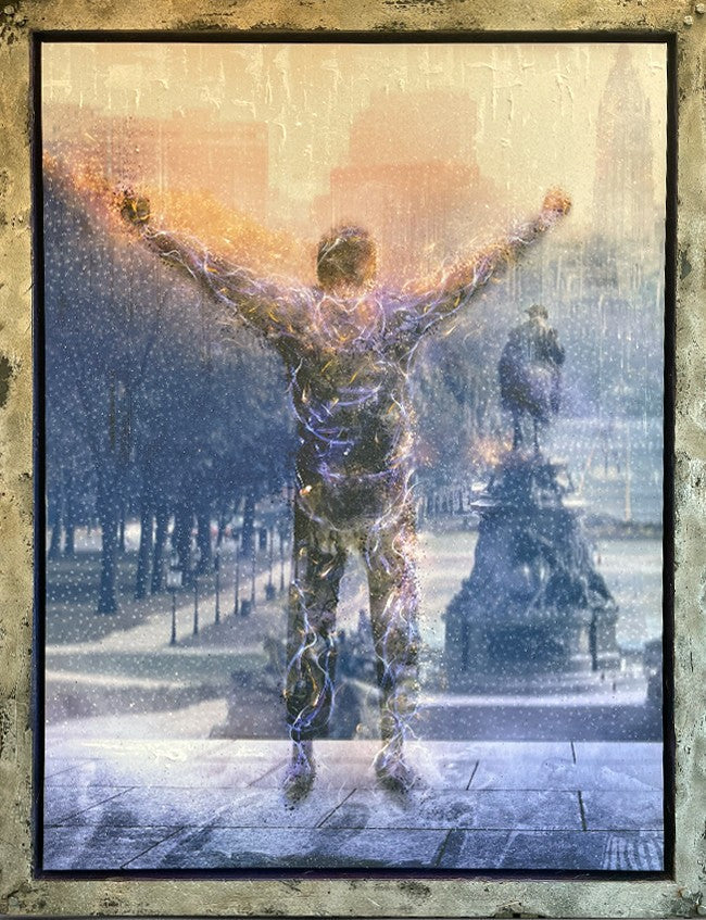 Mixed-media Rocky Balboa artwork by Mark Davies, showing a glittering figure with raised arms in warm beige and blue tones.