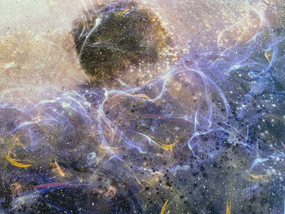Mixed-media Rocky Balboa artwork by Mark Davies, showing a glittering figure with raised arms in warm beige and blue tones.