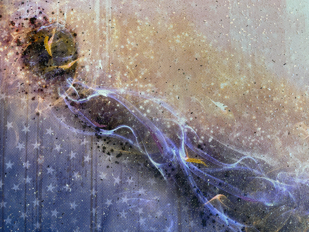 Mixed-media Rocky Balboa artwork by Mark Davies, showing a glittering figure with raised arms in warm beige and blue tones.