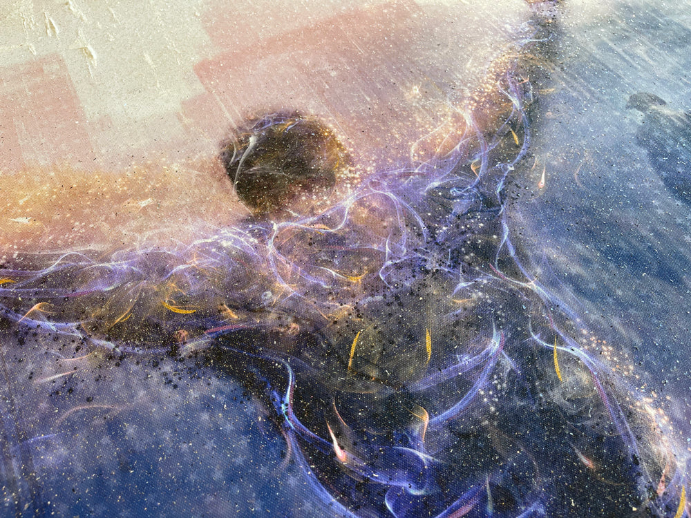 Mixed-media Rocky Balboa artwork by Mark Davies, showing a glittering figure with raised arms in warm beige and blue tones.