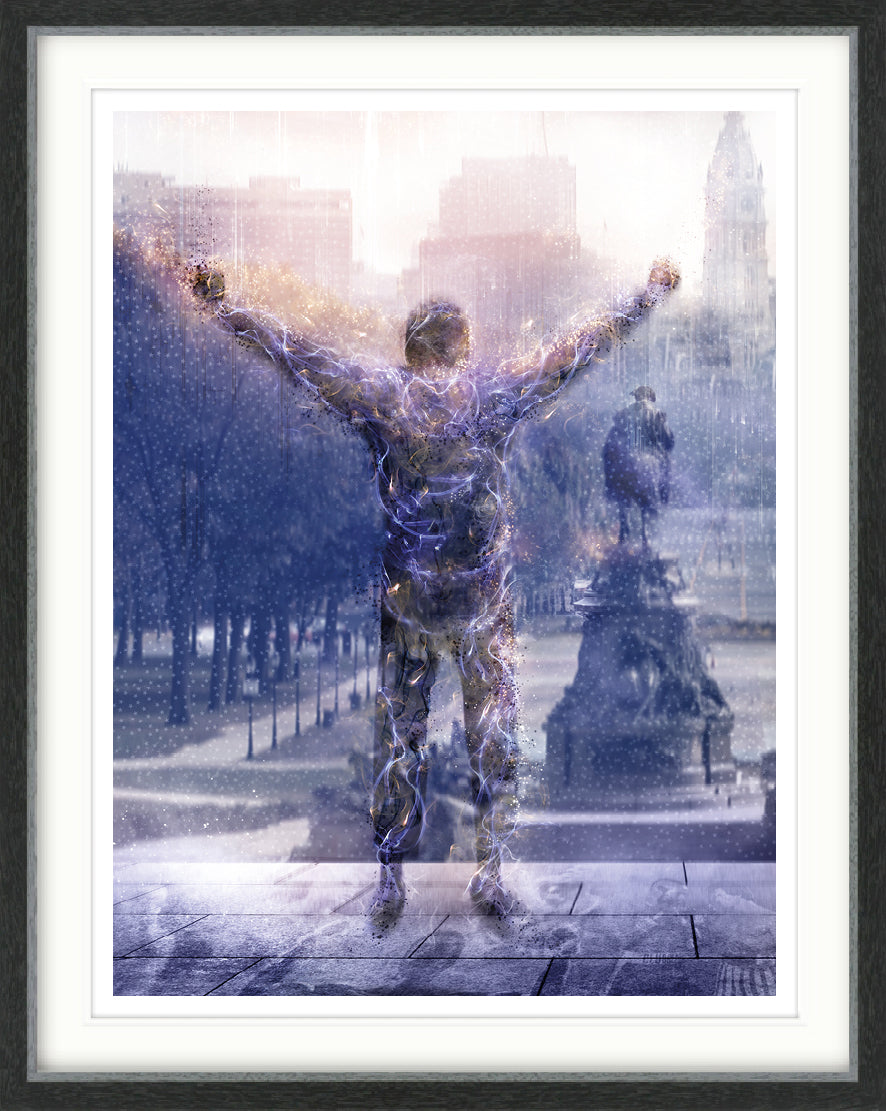 Limited edition print by Mark Davies depicting a boxer with raised arms in layered blue and violet abstract strokes and warm highlights.