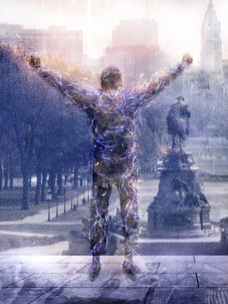Limited edition print by Mark Davies depicting a boxer with raised arms in layered blue and violet abstract strokes and warm highlights.