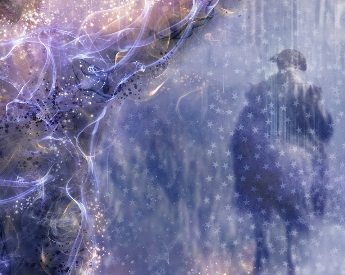 Limited edition print by Mark Davies depicting a boxer with raised arms in layered blue and violet abstract strokes and warm highlights.