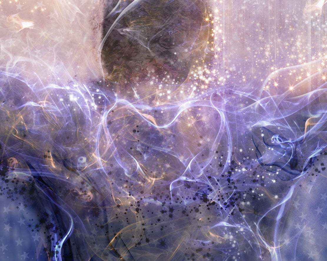 Limited edition print by Mark Davies depicting a boxer with raised arms in layered blue and violet abstract strokes and warm highlights.