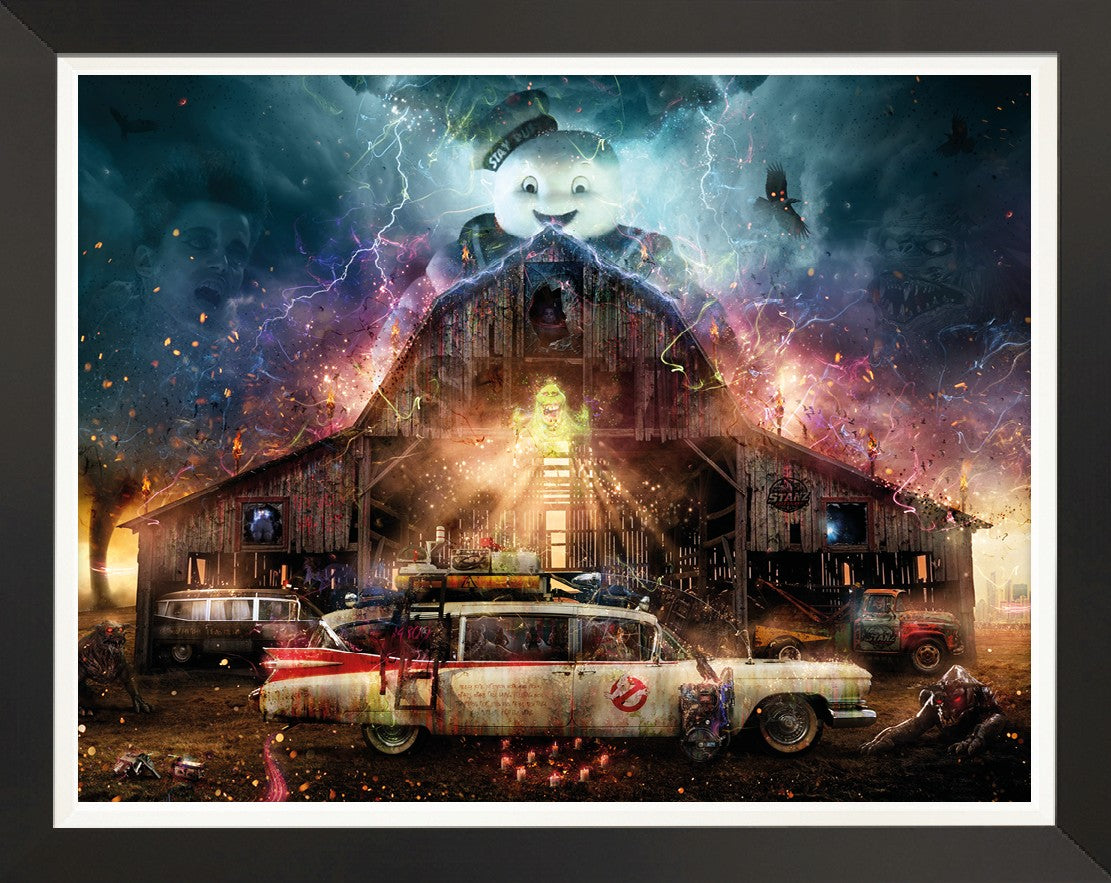 Limited edition Ghostbusters print by Mark Davies, featuring a weathered white hearse before a dramatic haunted barn with spooky details.