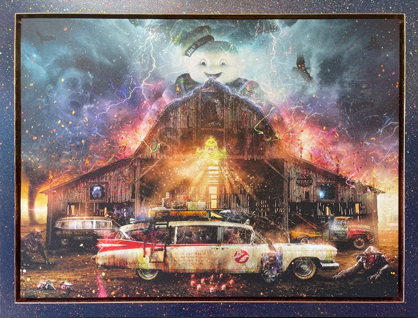 A framed art print depicting a dramatic barn scene with a ghostly figure, lightning, and a Ghostbusters-style car in the foreground, shown against a dark speckled background.