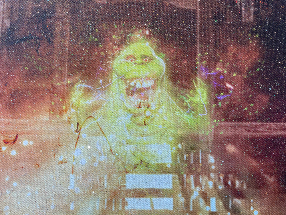 A a glowing green ghostly figure with an open mouth, surrounded by purple lightning effects and sparkling details against a dark, smoky background.