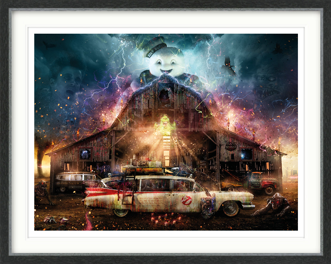 Limited edition Ghostbusters print by Mark Davies, featuring a weathered white hearse before a dramatic haunted barn with spooky details.