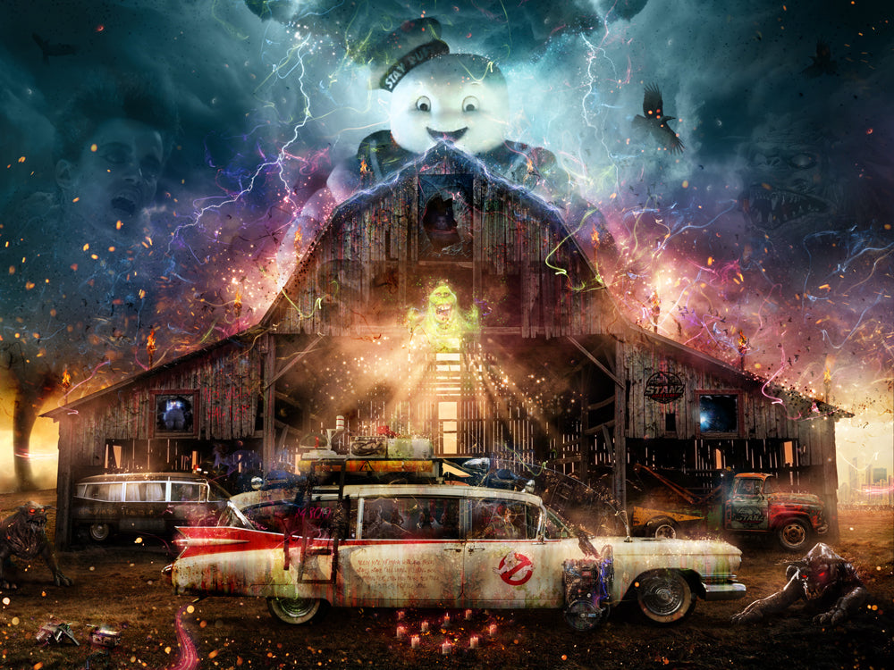 Limited edition Ghostbusters print by Mark Davies, featuring a weathered white hearse before a dramatic haunted barn with spooky details.