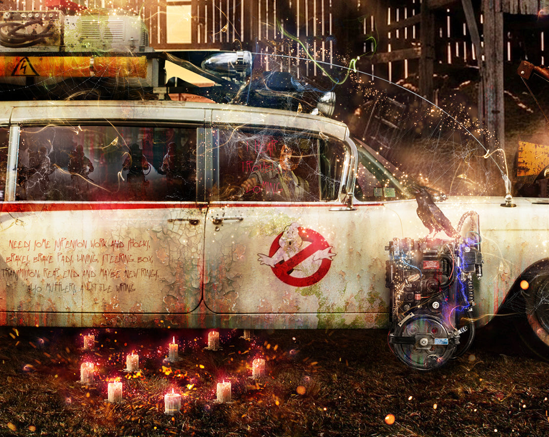 Limited edition Ghostbusters print by Mark Davies, featuring a weathered white hearse before a dramatic haunted barn with spooky details.
