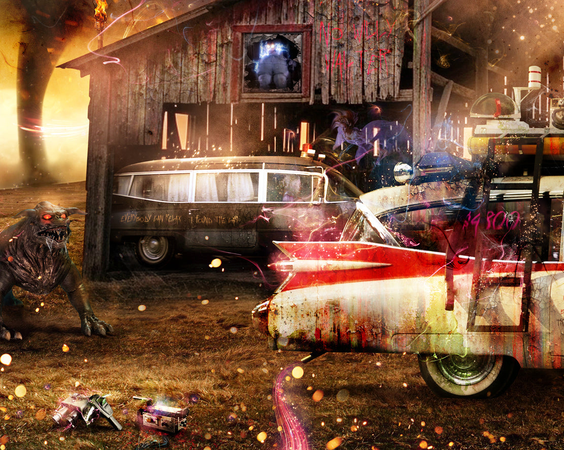 Limited edition Ghostbusters print by Mark Davies, featuring a weathered white hearse before a dramatic haunted barn with spooky details.