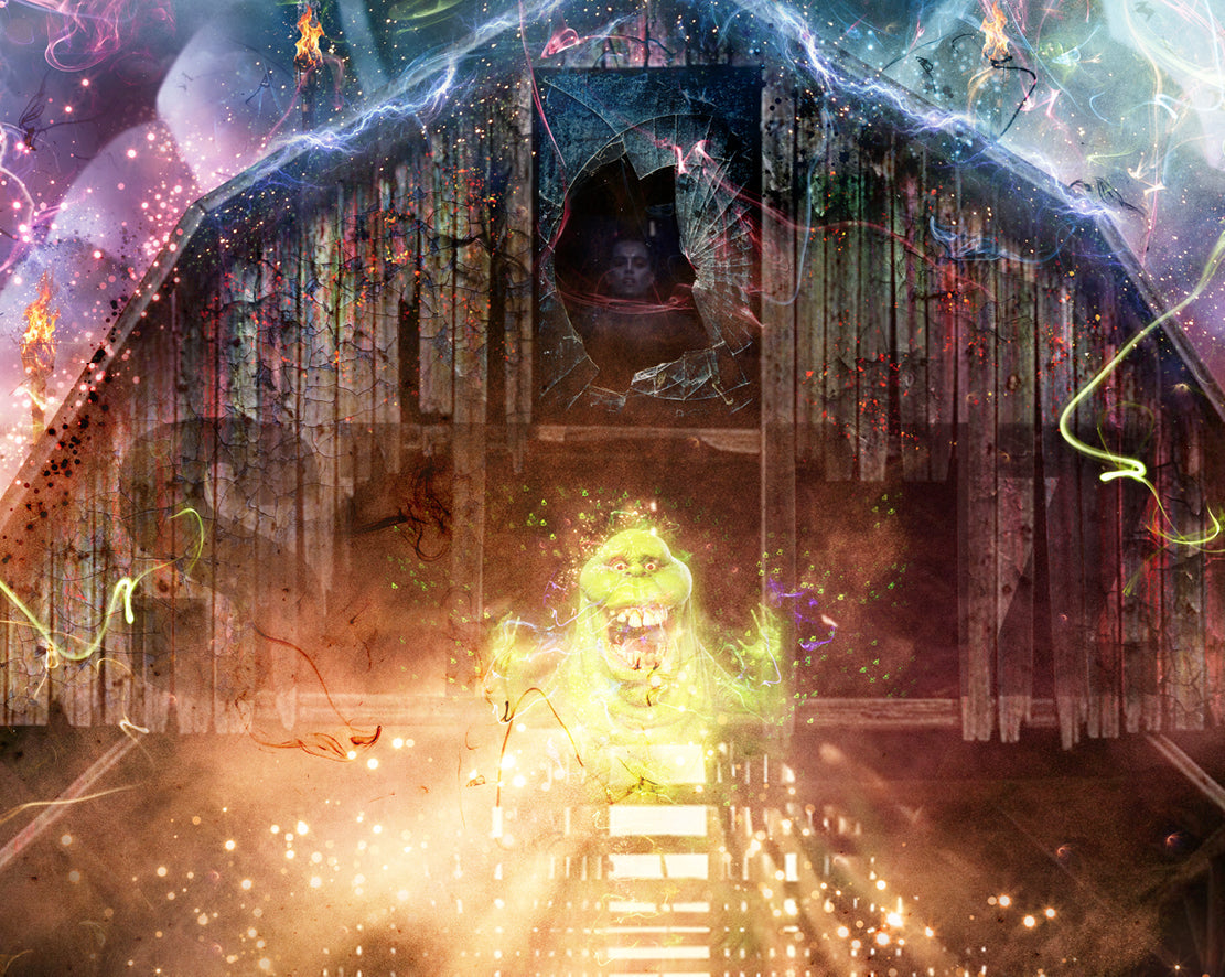 Limited edition Ghostbusters print by Mark Davies, featuring a weathered white hearse before a dramatic haunted barn with spooky details.