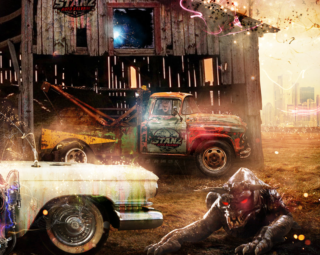 Limited edition Ghostbusters print by Mark Davies, featuring a weathered white hearse before a dramatic haunted barn with spooky details.