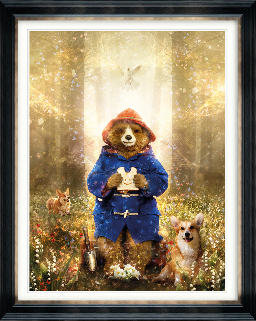 Limited edition print by Mark Davies, colourful Paddington bear in a blue coat among flowers with two corgis and a dove.
