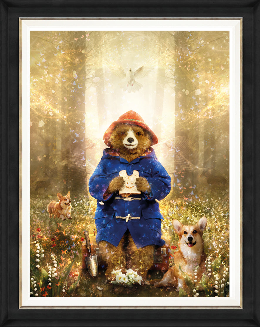 Limited edition print by Mark Davies, colourful Paddington bear in a blue coat among flowers with two corgis and a dove.