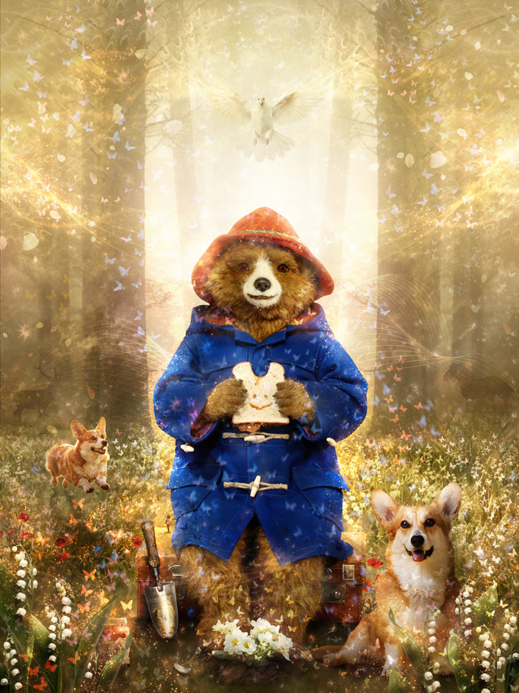 Limited edition print by Mark Davies, colourful Paddington bear in a blue coat among flowers with two corgis and a dove.