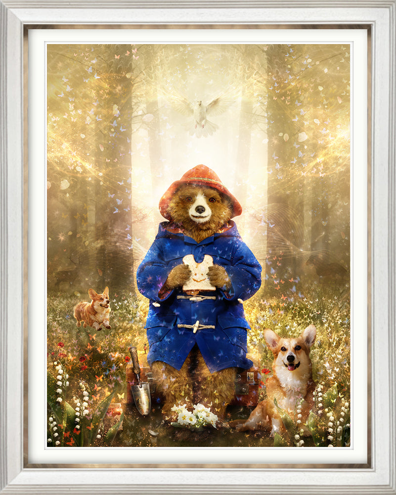 Limited edition print by Mark Davies, colourful Paddington bear in a blue coat among flowers with two corgis and a dove.