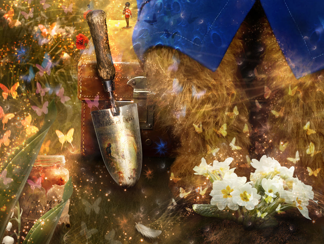 Limited edition print by Mark Davies, colourful Paddington bear in a blue coat among flowers with two corgis and a dove.