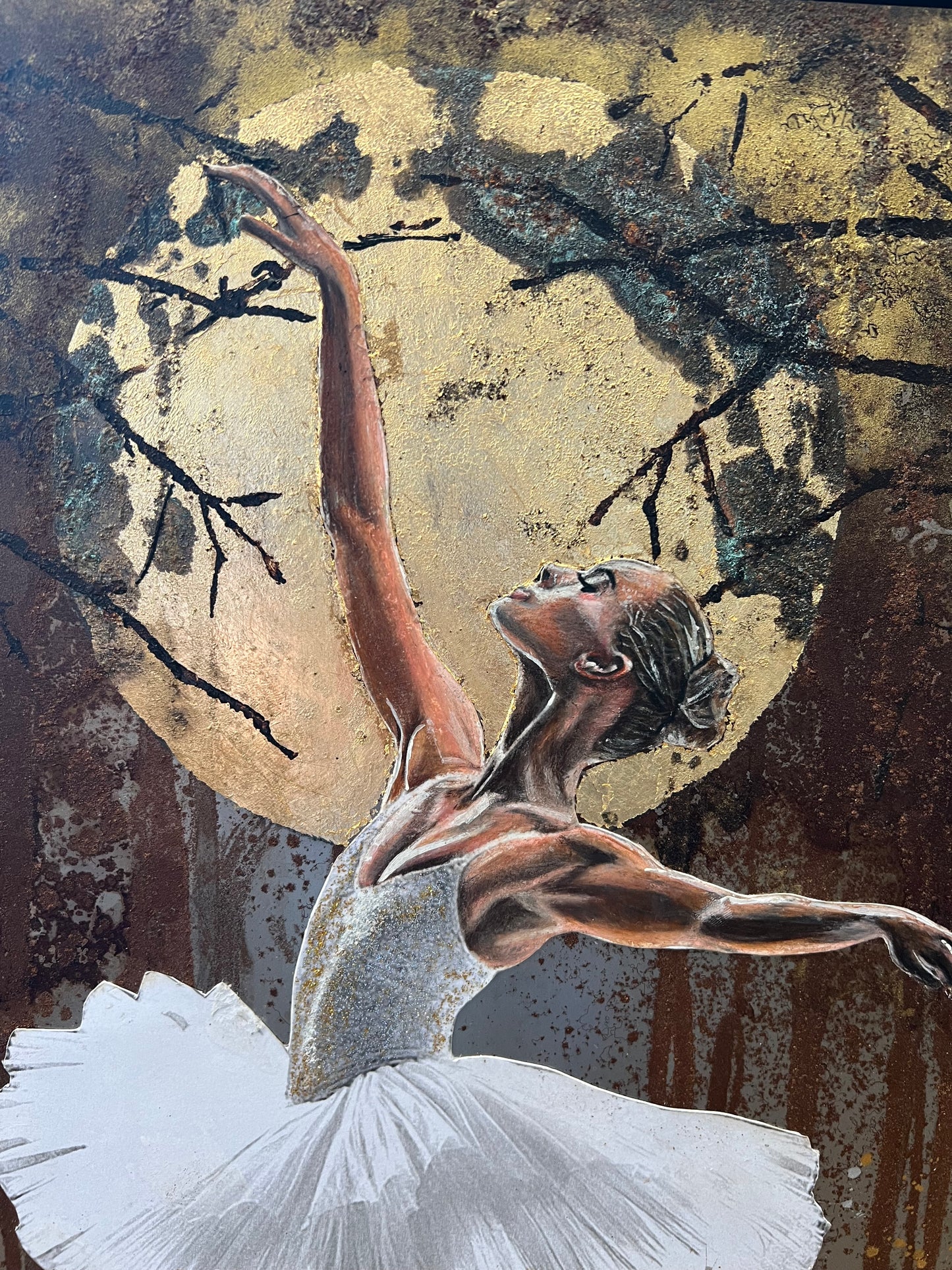 A close up from a framed square original painting depicting a ballerina in a white tutu posing under gold-toned trees with textured metallic brushstrokes and splatter details. Available from The Acorn Gallery in Pocklington. Visit us or Shop Online or just call 01759 307652. 