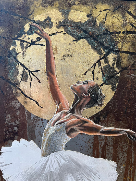 A close up from a framed square original painting depicting a ballerina in a white tutu posing under gold-toned trees with textured metallic brushstrokes and splatter details. Available from The Acorn Gallery in Pocklington. Visit us or Shop Online or just call 01759 307652. 