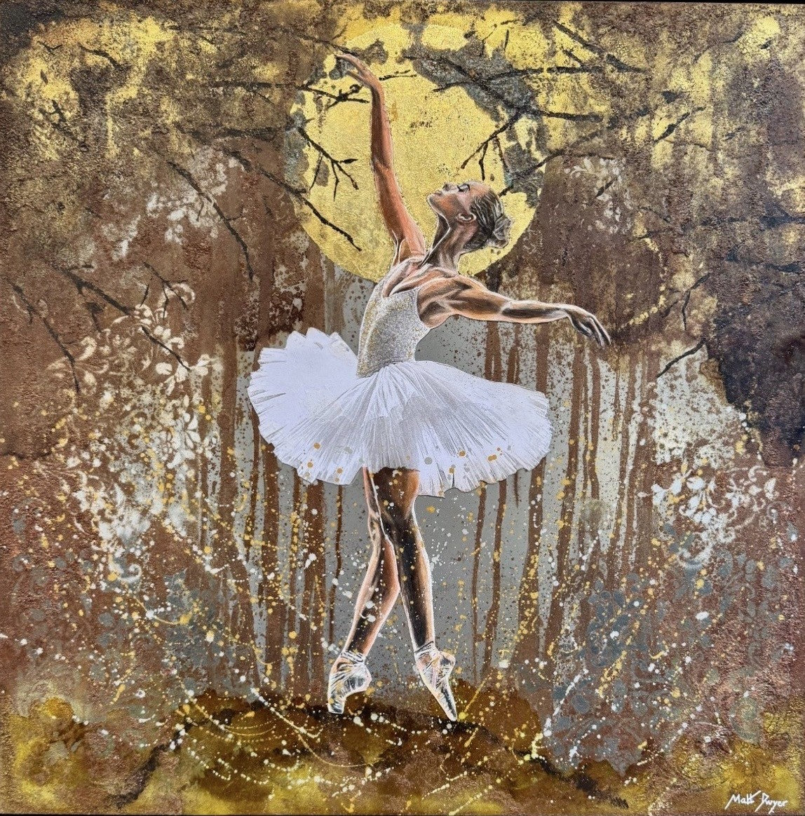 A framed square original painting depicting a ballerina in a white tutu posing under gold-toned trees with textured metallic brushstrokes and splatter details. Available from The Acorn Gallery in Pocklington. Visit us or Shop Online or just call 01759 307652. 