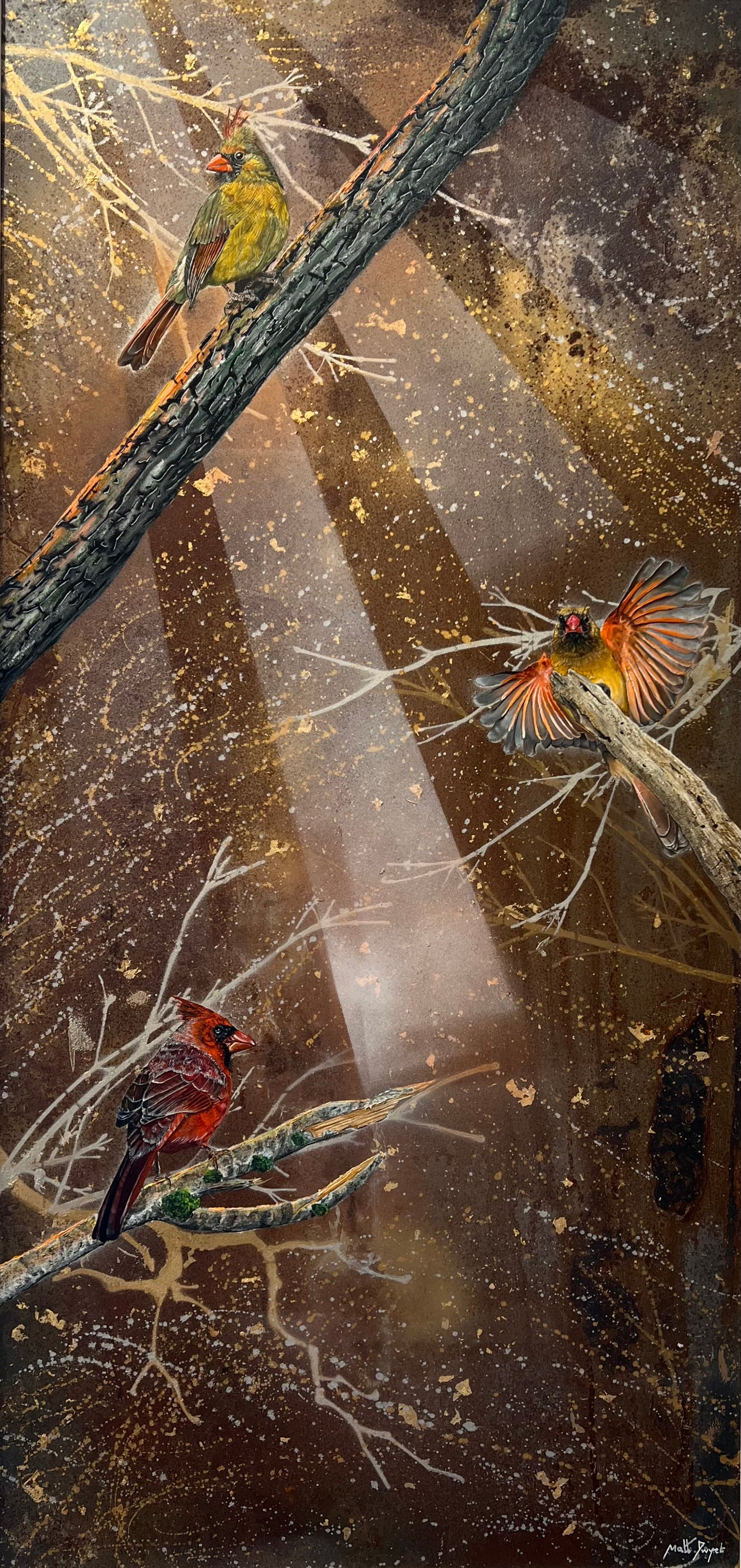 A framed vertical art print depicting three birds perched on branches in a forest scene with dramatic light rays shining through the background. Paintings by Matt Dwyer are available from The Acorn Gallery in Pocklington. Visit us or shop online or just call us on 01759 307652.