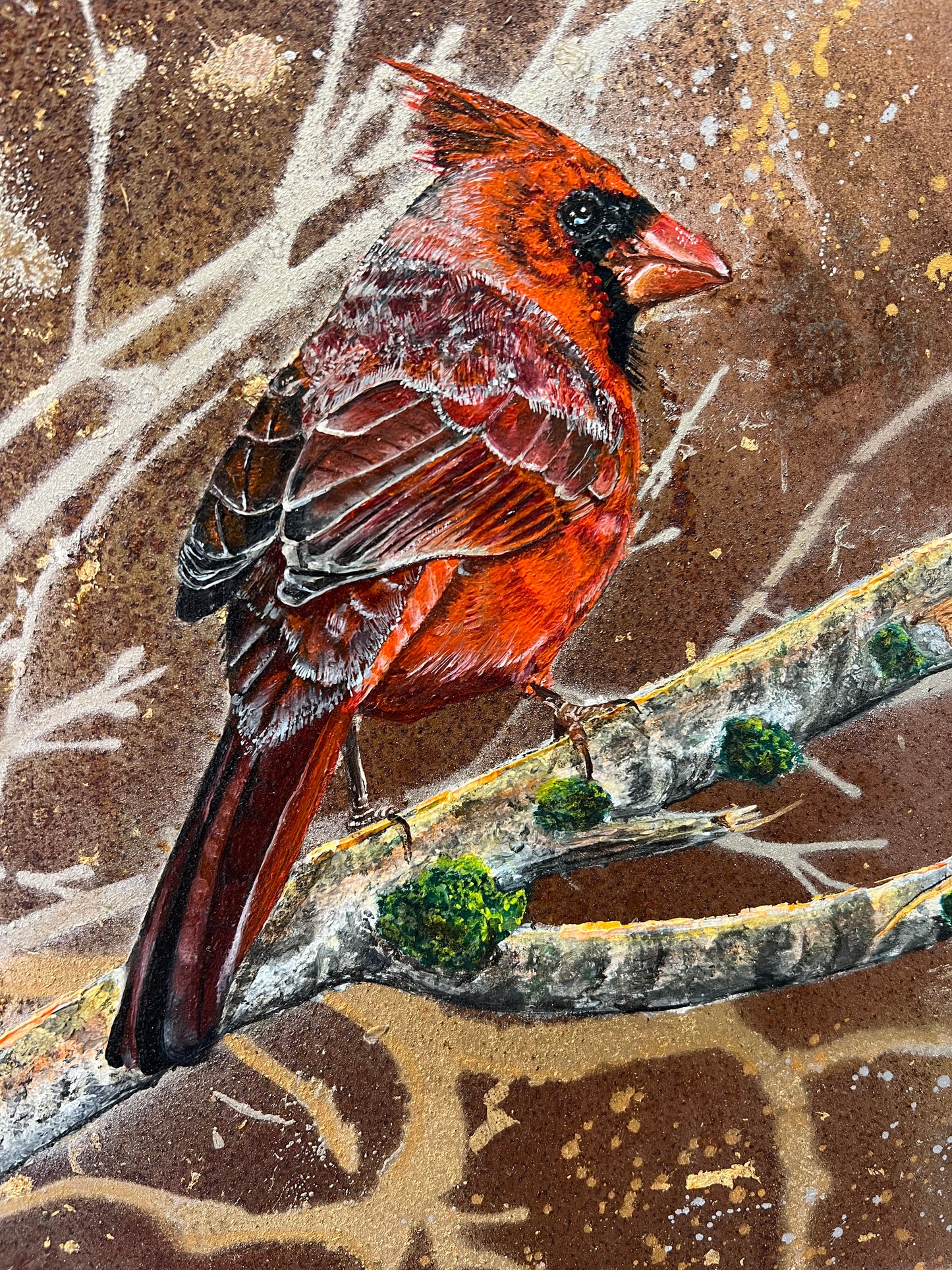 A close-up from a framed vertical art print depicting three birds perched on branches in a forest scene with dramatic light rays shining through the background. Paintings by Matt Dwyer are available from The Acorn Gallery in Pocklington. Visit us or shop online or just call us on 01759 307652. 