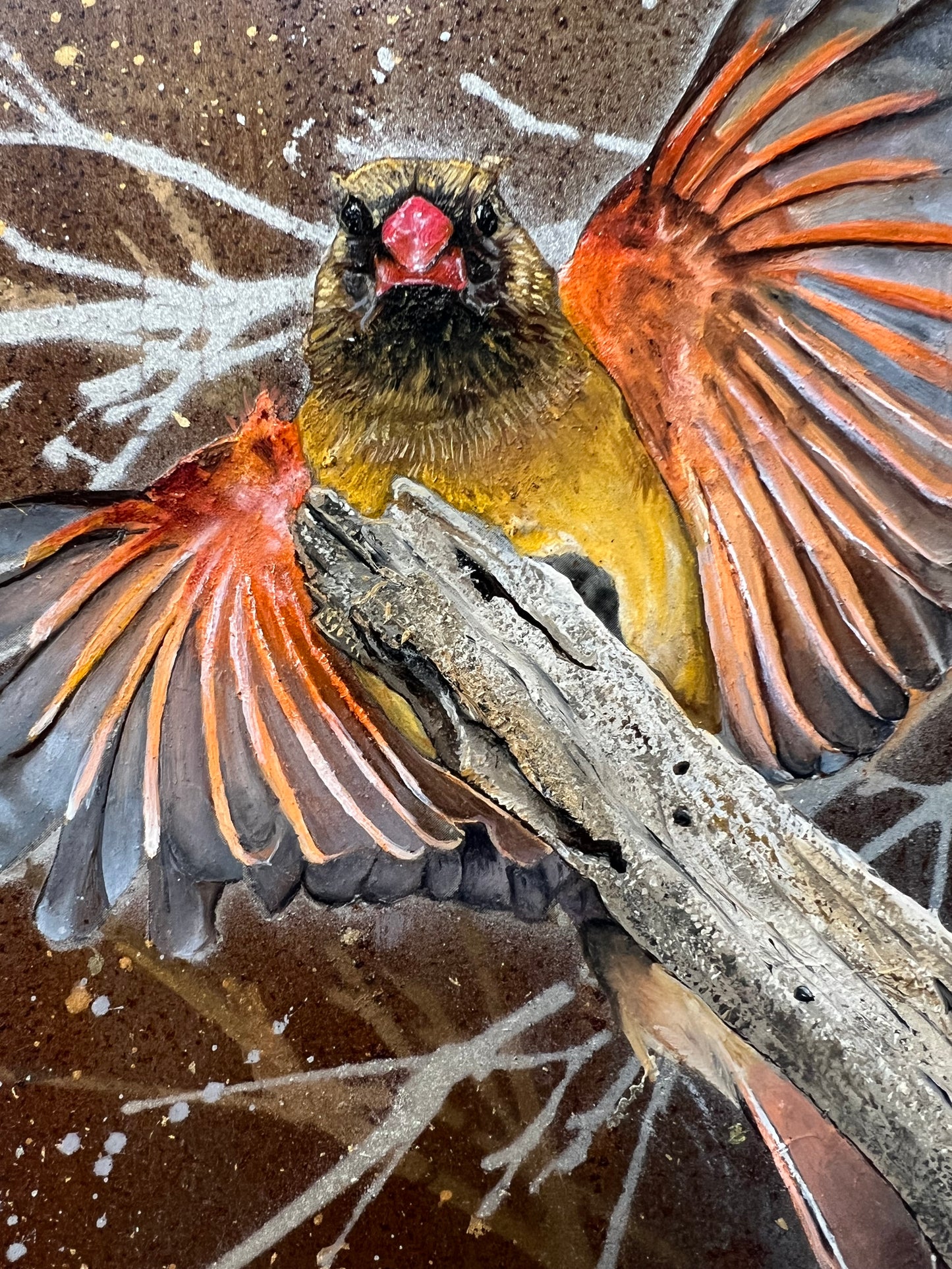 A close-up from a framed vertical art print depicting three birds perched on branches in a forest scene with dramatic light rays shining through the background. Paintings by Matt Dwyer are available from The Acorn Gallery in Pocklington. Visit us or shop online or just call us on 01759 307652. 