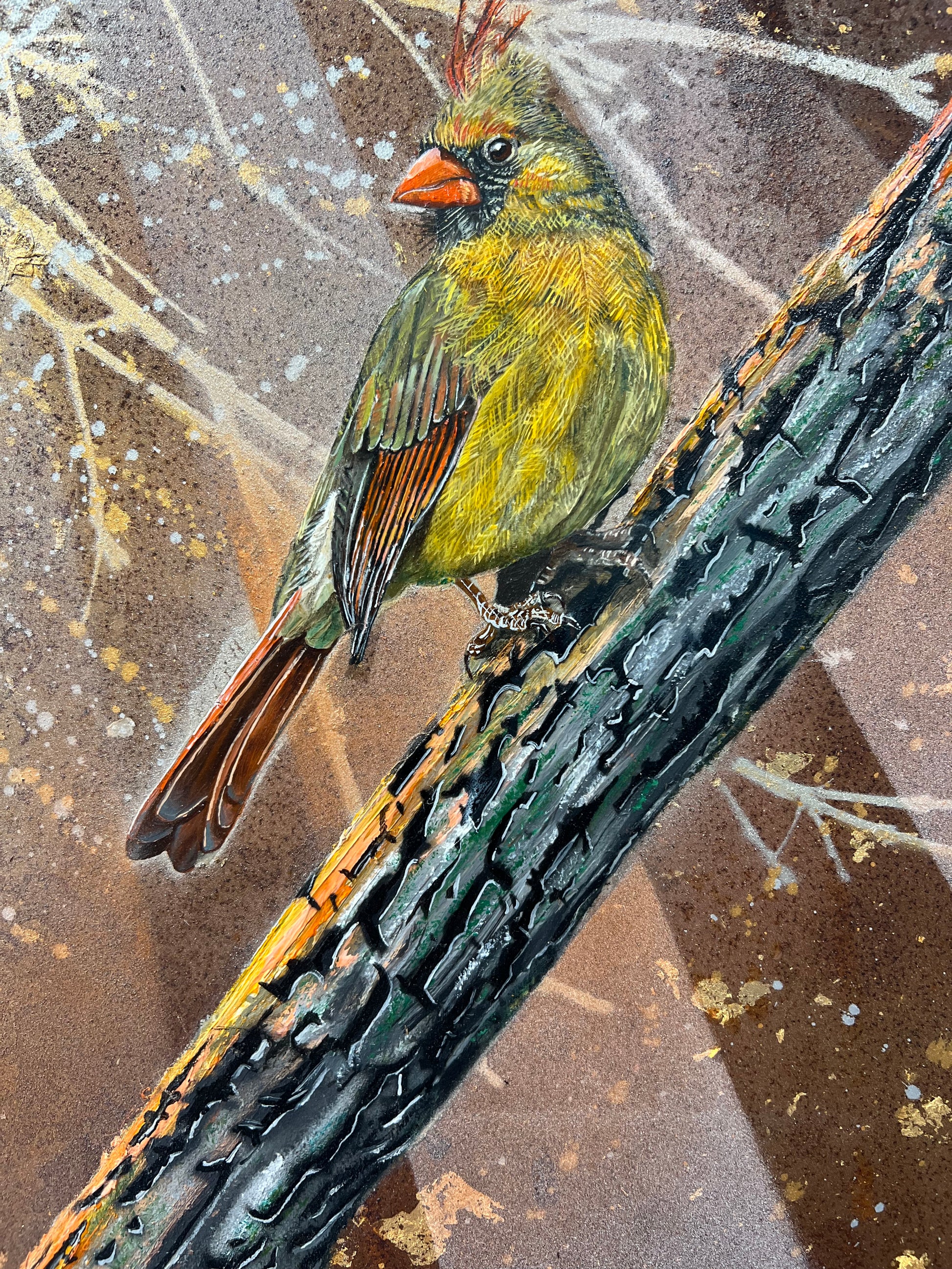 A close-up from a framed vertical art print depicting three birds perched on branches in a forest scene with dramatic light rays shining through the background. Paintings by Matt Dwyer are available from The Acorn Gallery in Pocklington. Visit us or shop online or just call us on 01759 307652. 