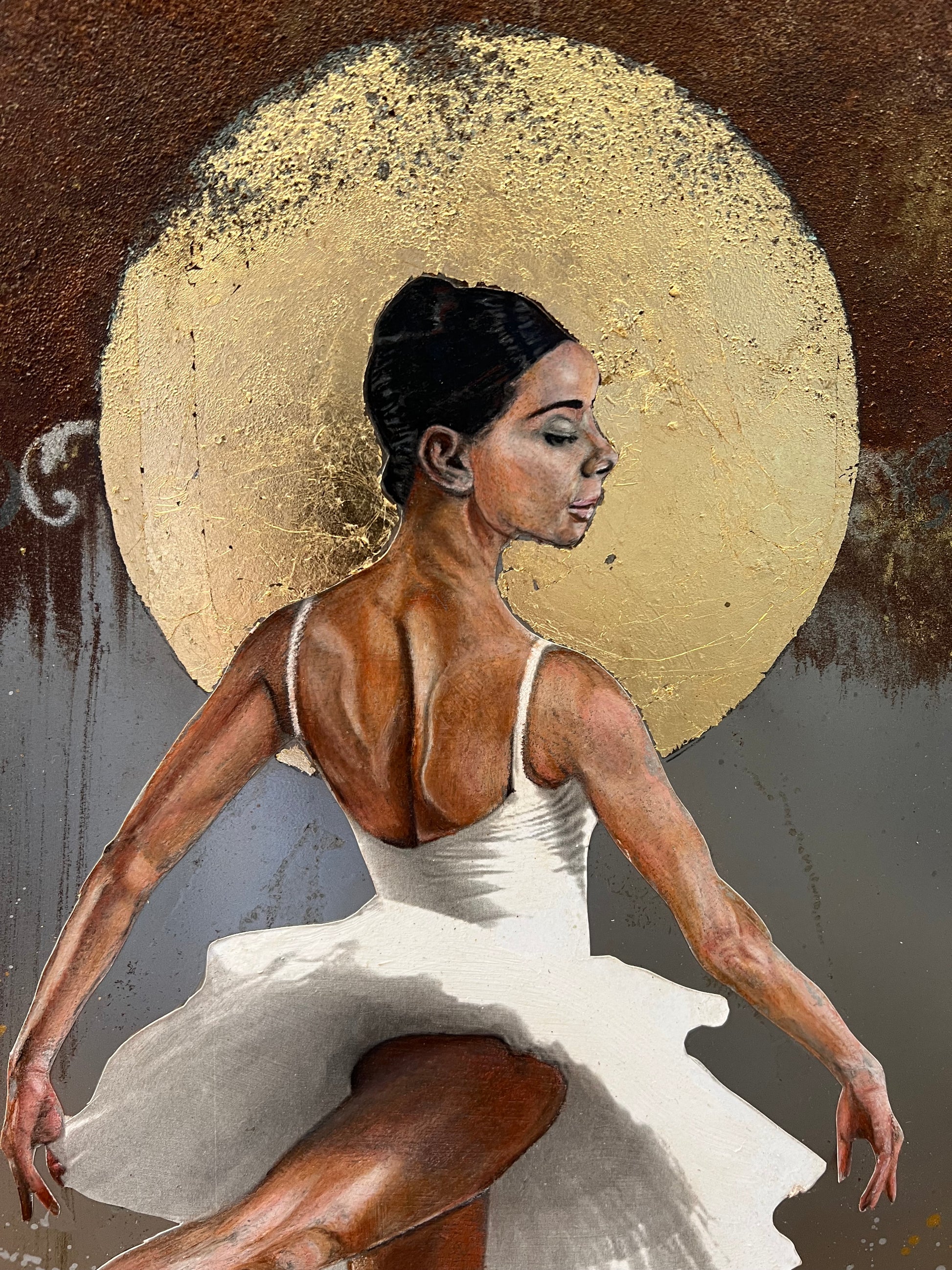 Close up from a framed original painting of a ballerina in a white tutu performing with one leg extended, set against a textured gold, brown, and gray background with a large gold circular motif behind her. Paintings by Matt Dwyer are available from The Acorn Gallery in Pocklington. Visit us or Shop Online or just call 01759 307652. 