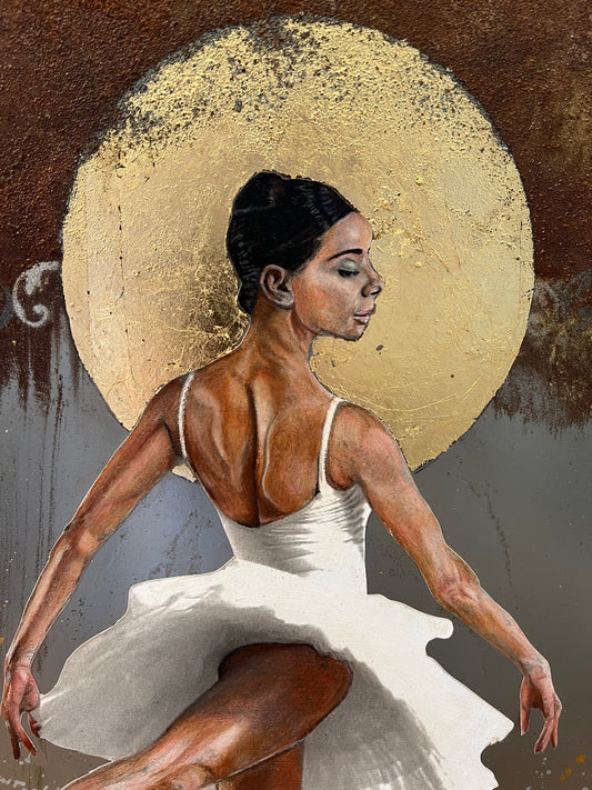 Close up from a framed original painting of a ballerina in a white tutu performing with one leg extended, set against a textured gold, brown, and gray background with a large gold circular motif behind her. Paintings by Matt Dwyer are available from The Acorn Gallery in Pocklington. Visit us or Shop Online or just call 01759 307652. 